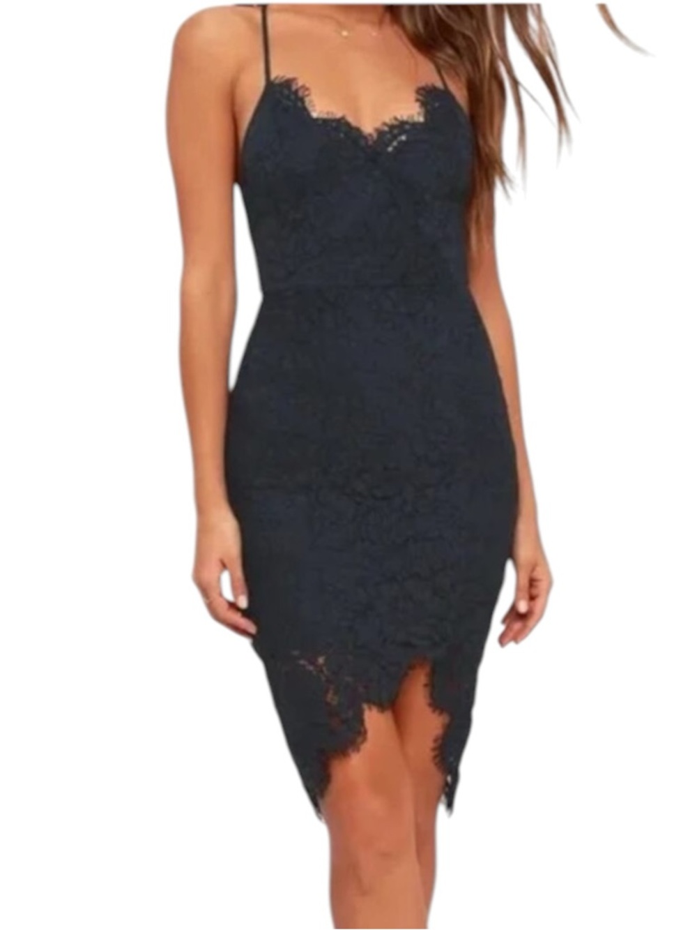 Lulus Dress Flirting With Desire Navy Blue Lace Bodycon- M